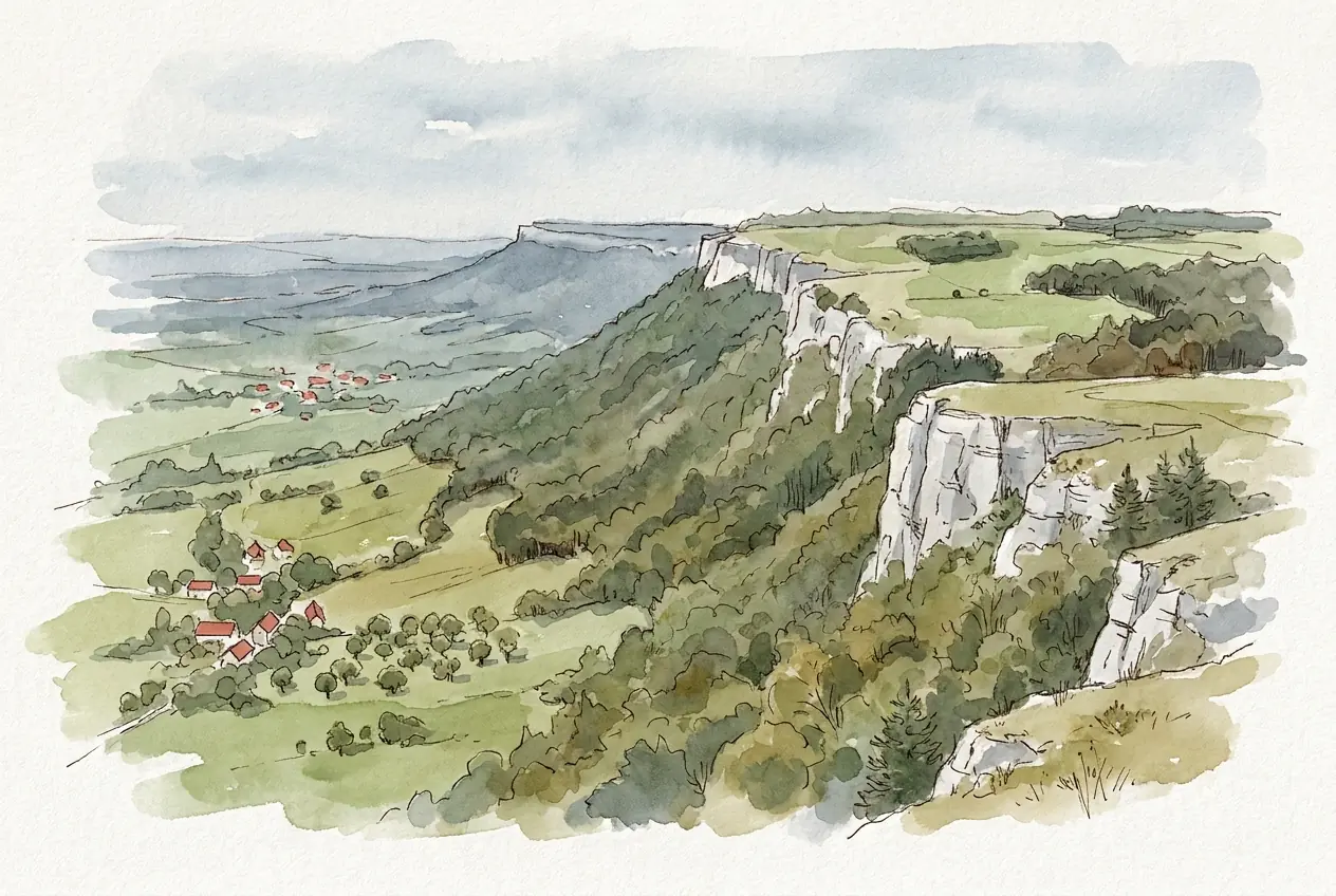 Aquarellskizze: Rechts die flache Albhochfläche mit Feldern, die an hellen Kalkfelsen abrupt in einen bewaldeten Steilhang abbricht; links unten das hügelige Vorland mit Dörfern und Streuobstwiesen.