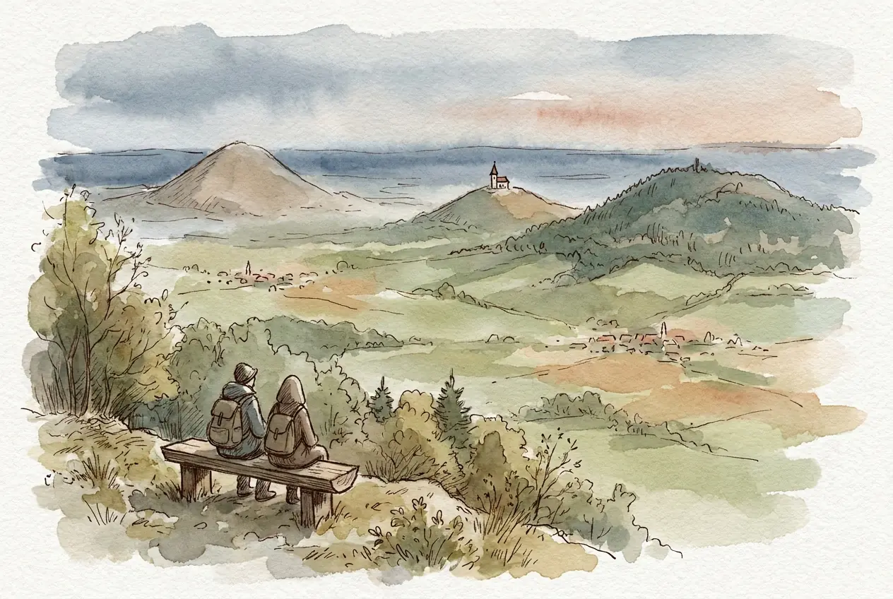 Aquarellskizze: Zwei Wanderer sitzen auf einer Bank an einer bewaldeten Kante und blicken über ein weites Tal auf drei einzelne Berge: einen kahlen Kegel, einen mit Kirche auf dem Gipfel und einen bewaldeten.
