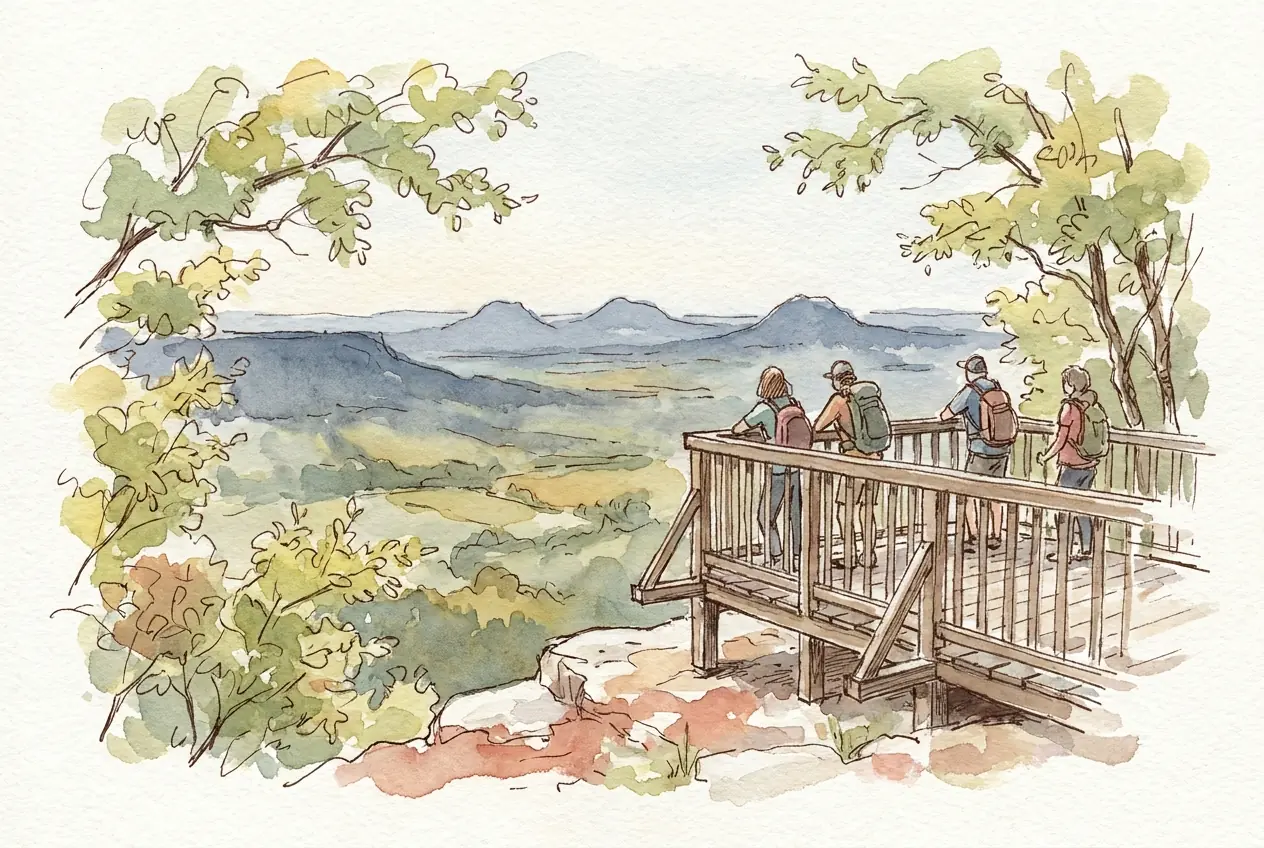 Aquarellskizze: Wanderer stehen auf einer hölzernen Aussichtsplattform am Rand eines bewaldeten Bergsporns und schauen über das Vorland zu drei fernen Bergkuppen.