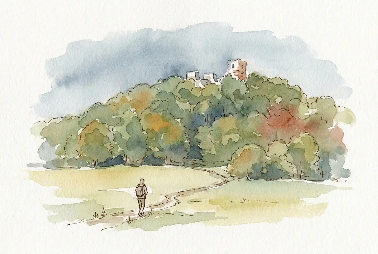 Aquarellskizze: Ein dicht bewaldeter, runder Berg über einer Wiese; auf dem Gipfel ragen nur ein kleiner Turm und Mauerreste über die Baumkronen, ein Wanderer geht auf dem Wiesenweg darauf zu.
