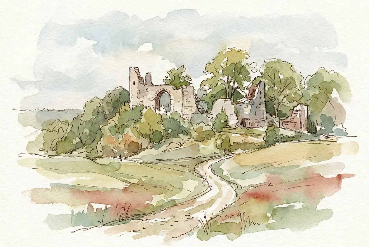 Aquarellskizze: Dachlose Mauern und ein Torbogen einer mittelalterlichen Burgruine zwischen Laubbäumen auf einer Anhöhe, ein Feldweg führt hinauf.
