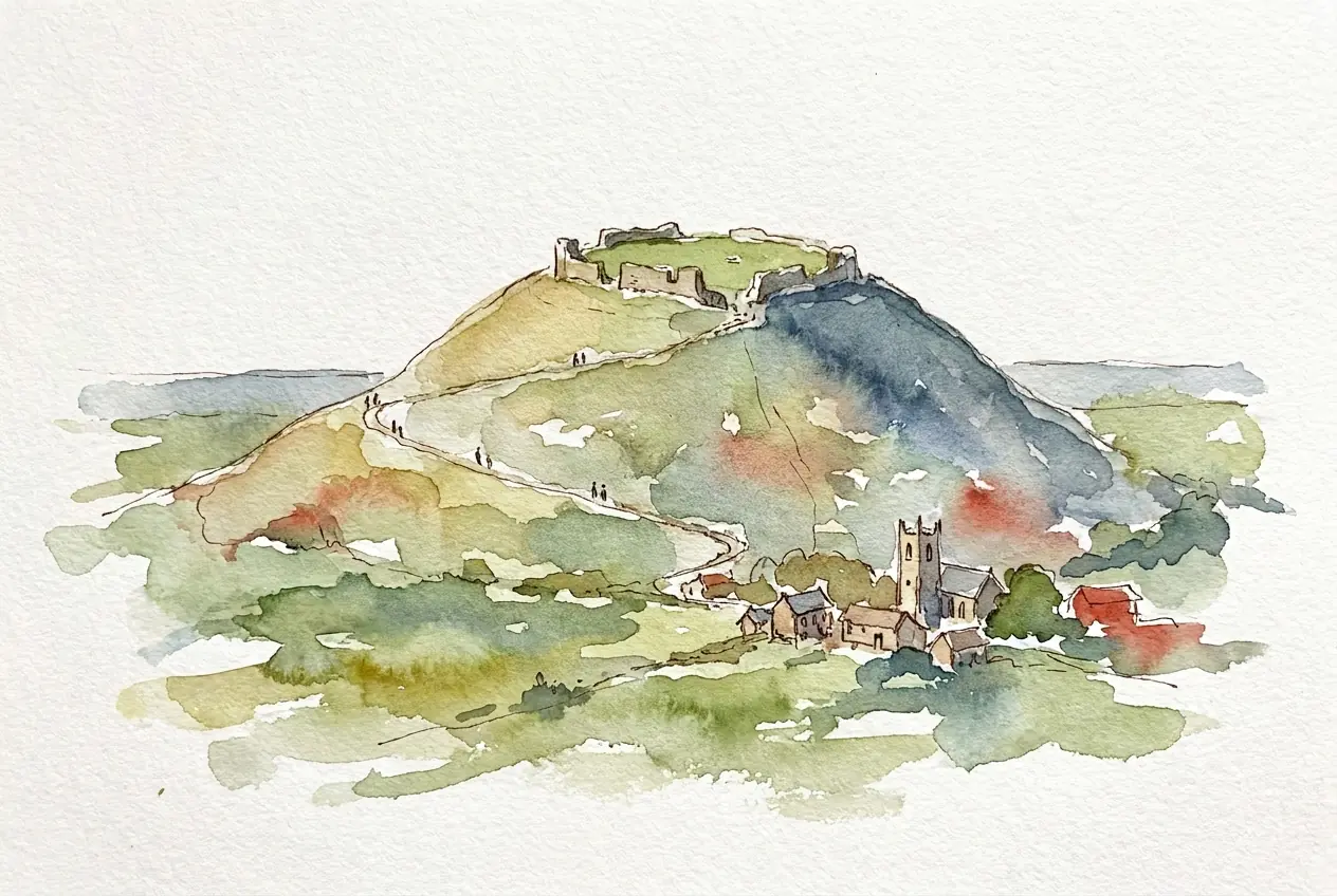 Aquarellskizze: Ein einzeln stehender kegelförmiger Berg mit Mauerresten auf dem flachen Gipfel, ein Weg mit kleinen Wanderern führt hinauf; am Fuß ein Dorf mit Kirchturm.