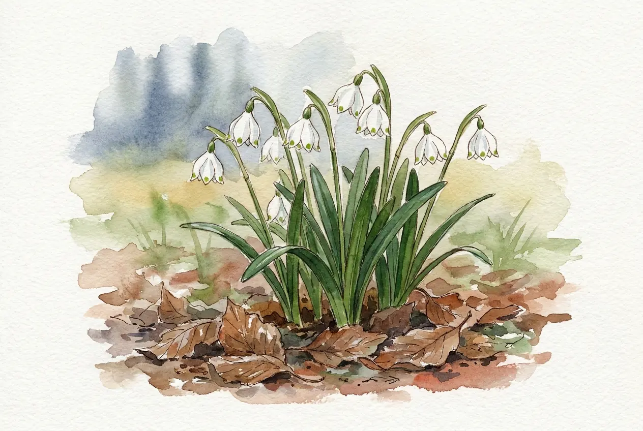 Aquarellskizze: Ein Horst Märzenbecher mit schmalen dunkelgrünen Blättern und nickenden weißen Glockenblüten mit grünen Spitzenflecken zwischen braunem Buchenlaub.