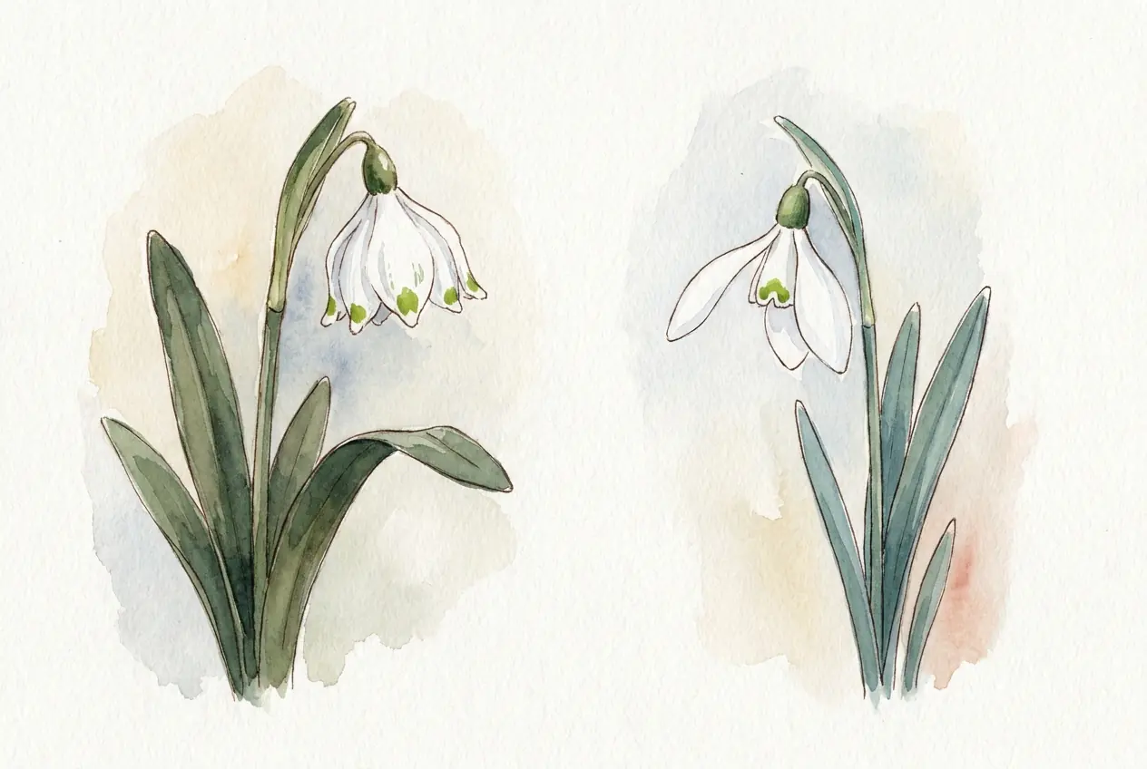 Aquarellskizze: Links ein Märzenbecher mit breiter Glocke aus sechs gleich langen, grün gefleckten Blütenblättern, rechts ein Schneeglöckchen mit drei abstehenden äußeren Blütenblättern und kurzem, grün gezeichnetem Innenkranz.