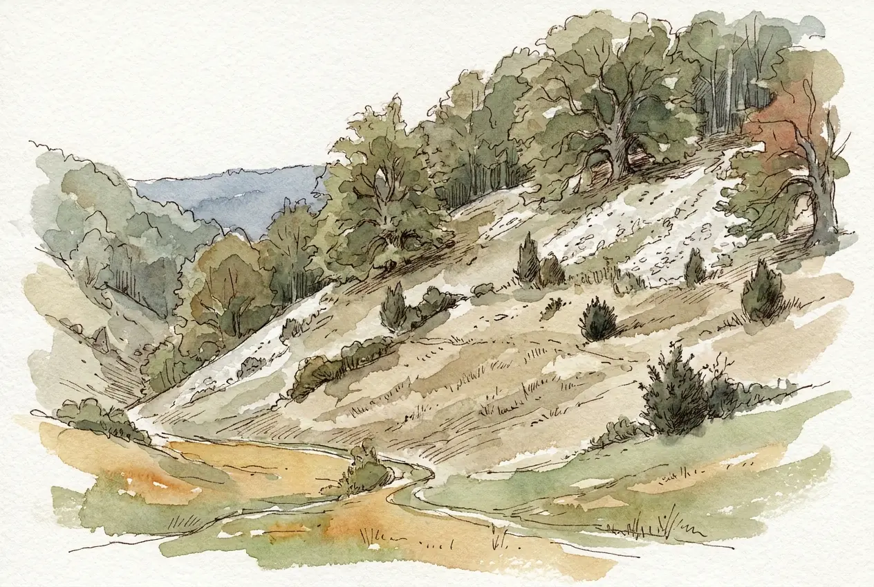 Aquarellskizze: Ein steiler, sonniger Hang mit offener Heide, einzelnen Wacholdern und Gebüsch, oben und am Rand alte Laubbäume; unten ein stilles Seitental mit Wiesen.