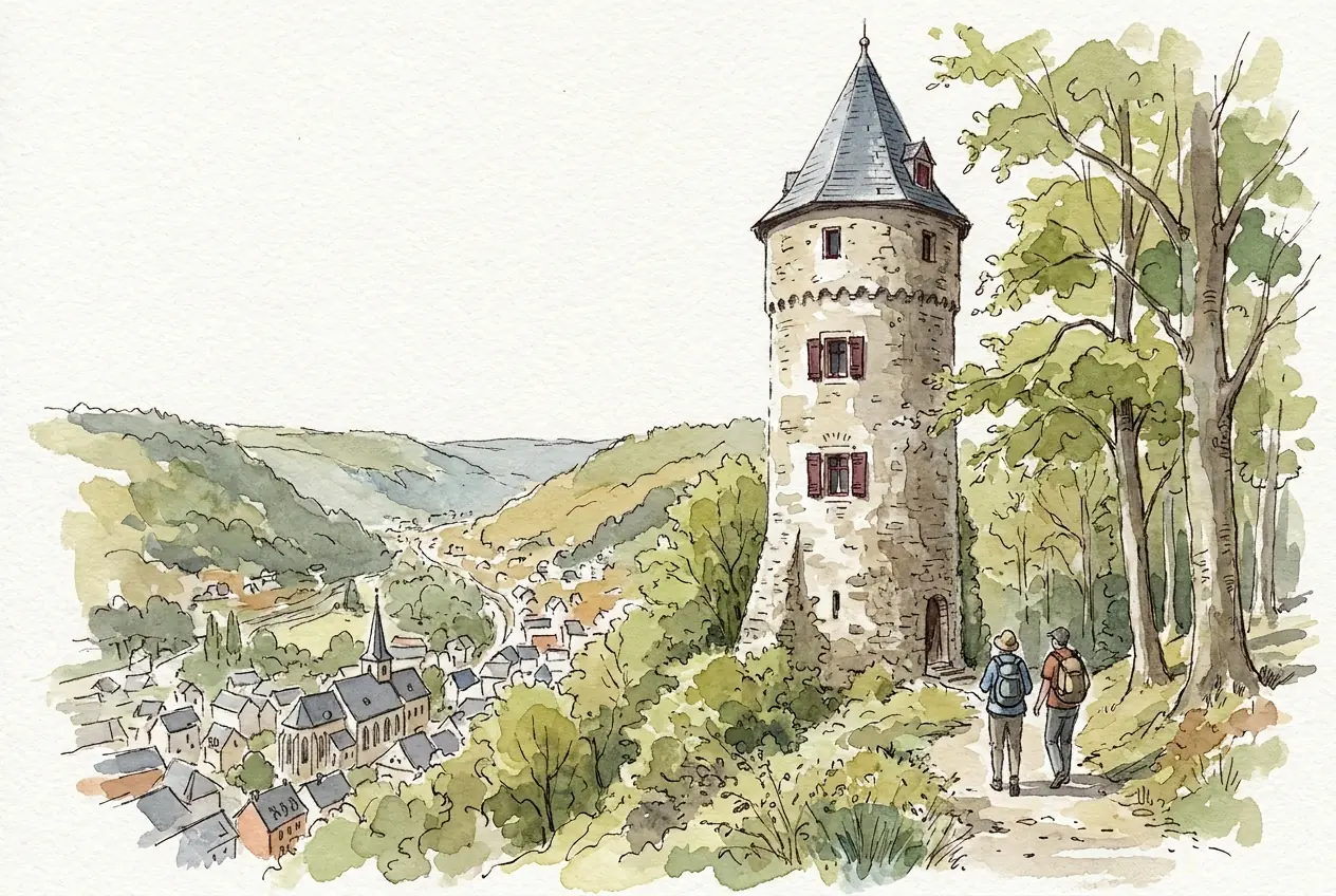 Aquarellskizze: Ein runder, nach oben schmaler werdender Steinturm mit spitzem Schieferdach und roten Fensterläden steht am Waldrand über einer Stadt im engen Tal; zwei Wanderer gehen auf dem Waldweg zum Turm.
