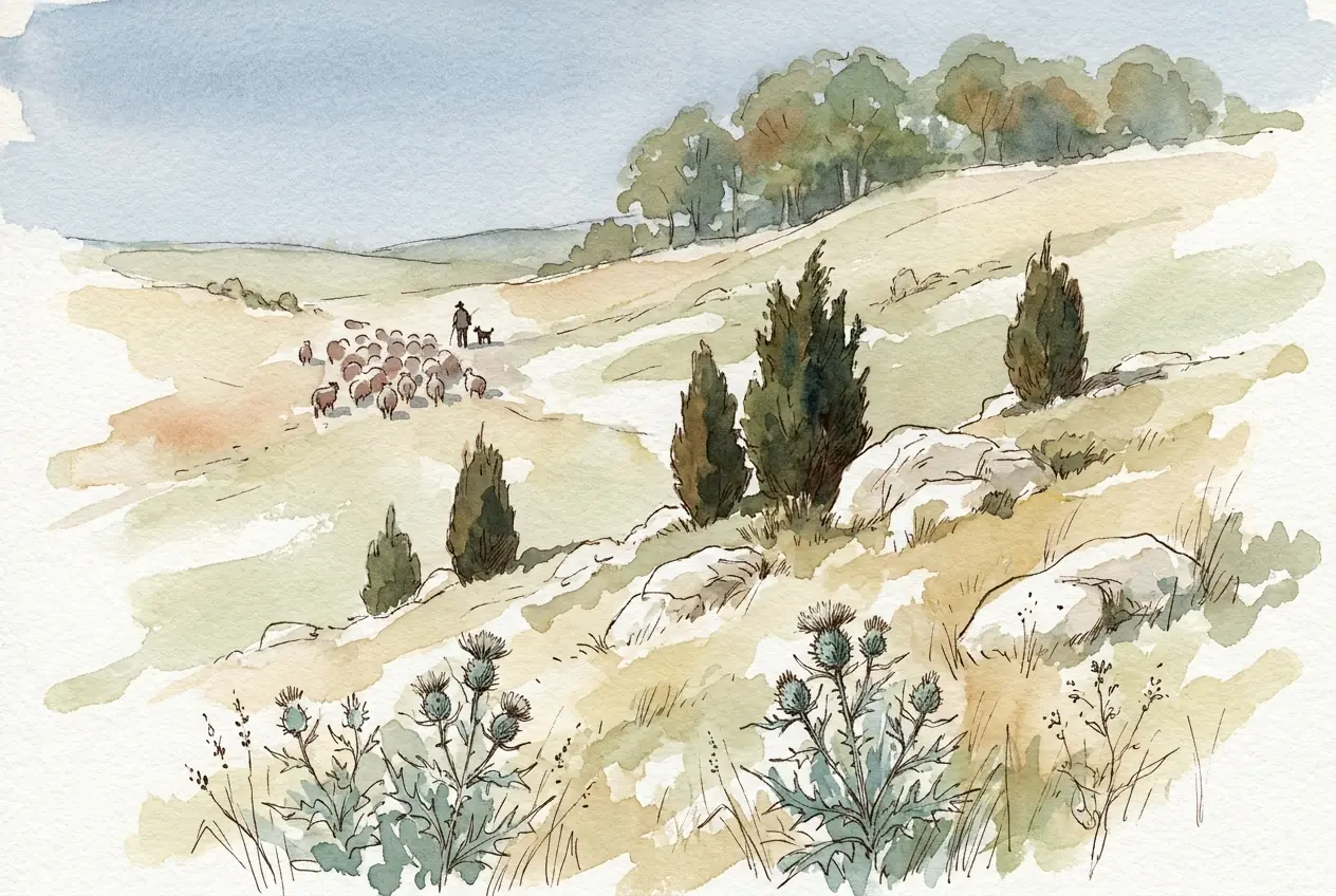 Aquarellskizze: Ein trockener Albhang mit dunklen säulenförmigen Wacholderbüschen, Kalksteinen und Disteln im Vordergrund; weiter oben weidet eine Schafherde mit Schäfer und Hund vor dem Waldrand.